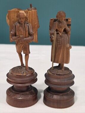 Vintage Carved Wood Folk Art Man Woman Traveler Figurines Pair